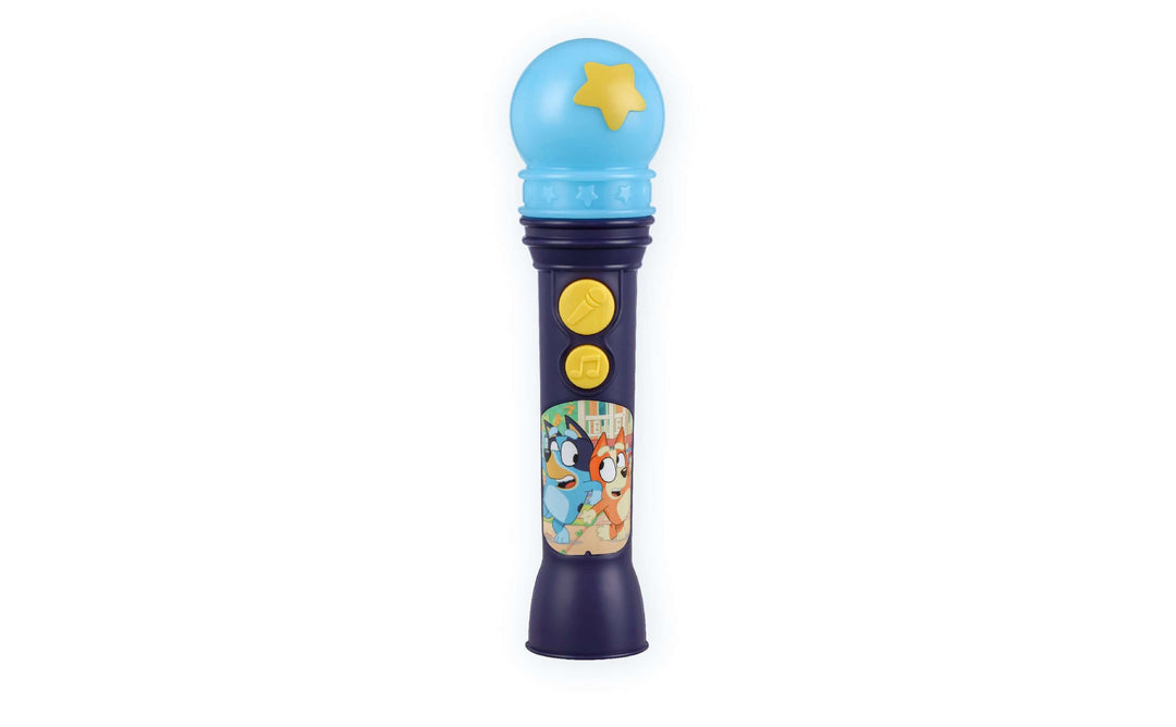 Bluey karaoke microphone toy for kids with Bluey graphics, blue top, and kid-friendly controls for singing along to the Bluey Theme Song.