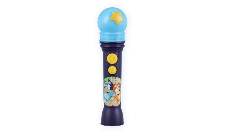 Bluey karaoke microphone toy for kids with Bluey graphics, blue top, and kid-friendly controls for singing along to the Bluey Theme Song.