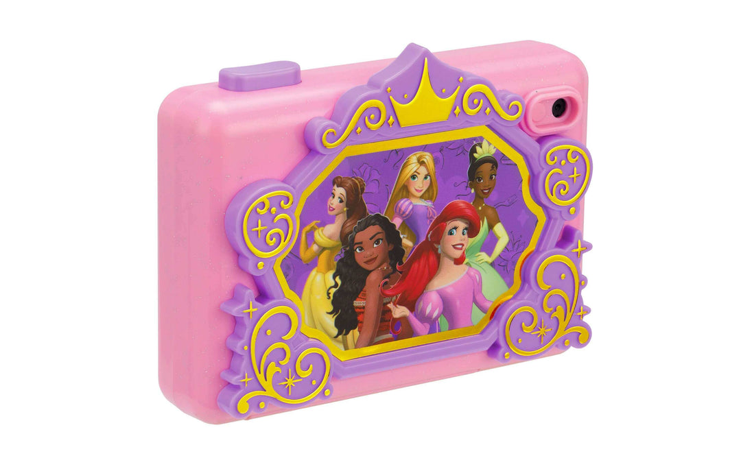 Disney Princess digital camera for kids with colorful Disney Princess design, durable pink exterior, and pre-loaded stickers for decoration.