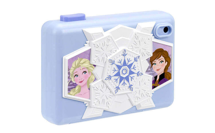 Disney Frozen digital camera for kids with Elsa and Anna graphics, 2-inch screen, and Frozen-themed stickers.