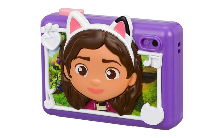 Gabbys Dollhouse digital camera for kids with built-in frames and stickers, purple with cartoon character design.