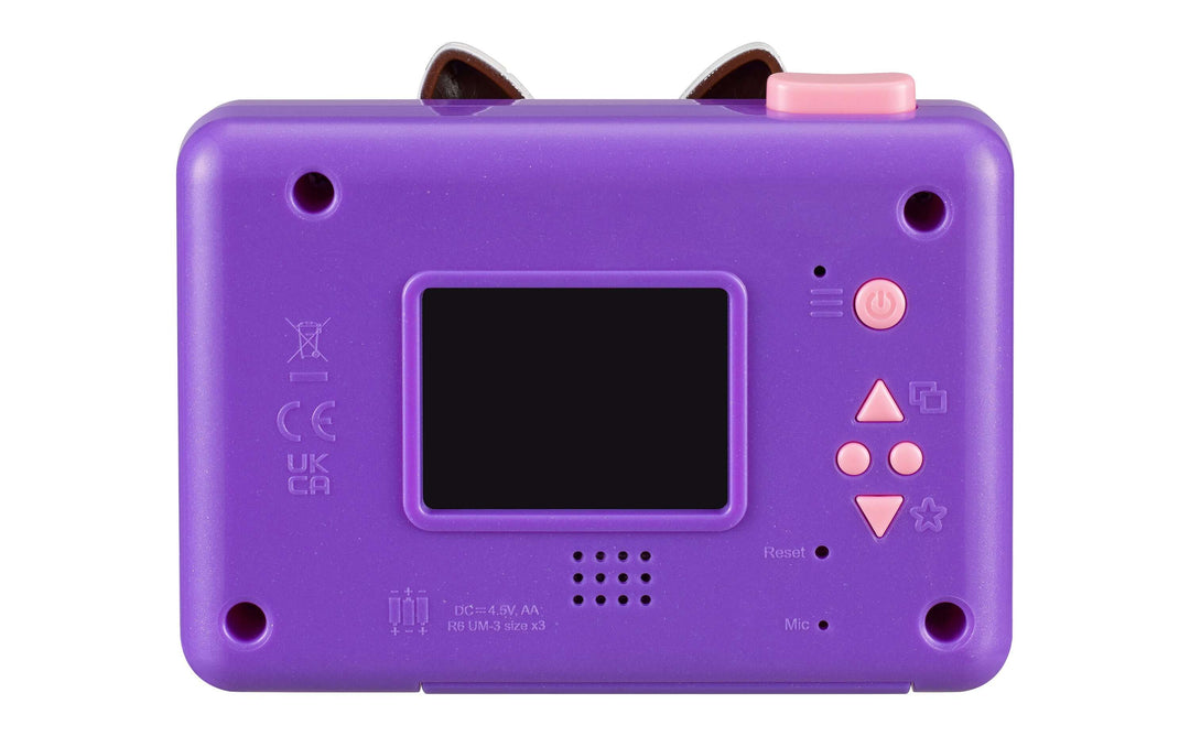 Purple Gabbys Dollhouse digital camera for kids with built-in frames and stickers, kid-friendly controls, and included micro USB cable