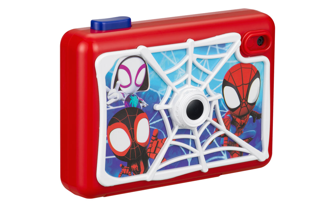 Spidey And His Amazing Friends Digital Camera for kids with Spider-Man themed design and built-in photo frames and stickers.