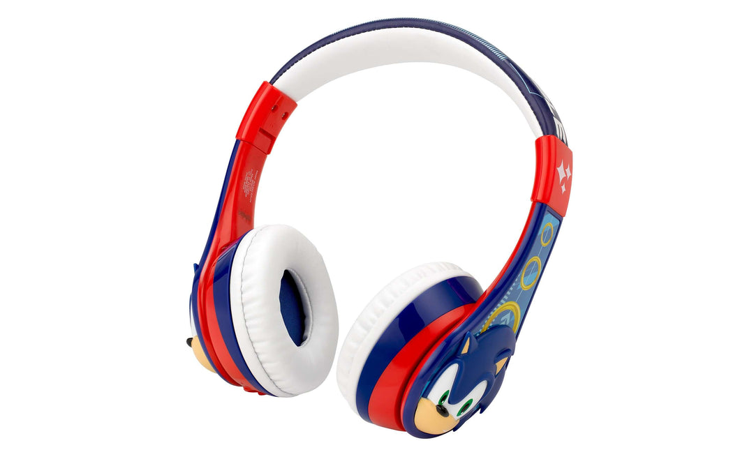 Sonic The Hedgehog Bluetooth headphones for kids with adjustable headband and cushioned ear pads, featuring a colorful Sonic design.